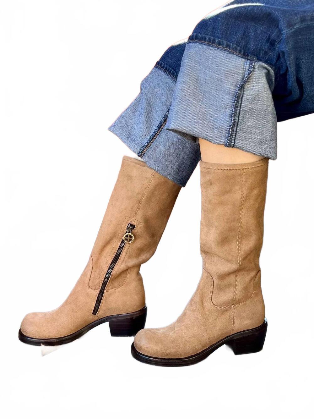 NEW FIORENTINI + BAKER women's molly suede mid-calf boots in camel